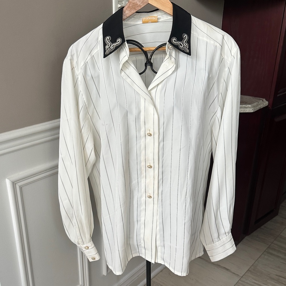 Classic White and Black  blouse with Embroidered Collar and decorative buttons